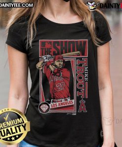 Awesome MLB The Show Angels Mike Trout Ladies Tee featuring vibrant graphics and a comfortable fit for fans.