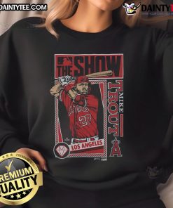 Alt Text: Awesome MLB The Show Angels Mike Trout sweatshirt featuring vibrant team colors and player graphics.
