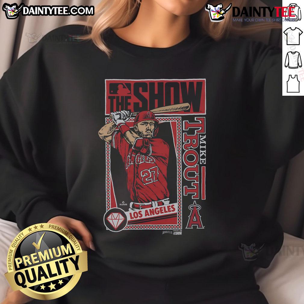 Awesome Mlb The Show Angels Mike Trout Sweatshirt Alt Text: Awesome MLB The Show Angels Mike Trout sweatshirt featuring vibrant team colors and player graphics.