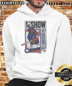 Awesome MLB The Show hoodie featuring Vladimir Guerrero Jr. in Toronto Blue Jays colors, perfect for baseball fans.