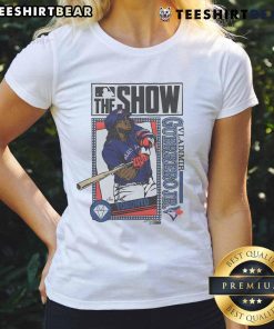 Awesome MLB The Show Blue Jays Vladimir Guerrero Jr. ladies tee featuring vibrant graphics and comfortable fit.