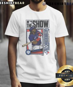 Alt Text: Awesome MLB The Show Blue Jays Vladimir Guerrero Jr. T-Shirt featuring vibrant graphics and team colors.