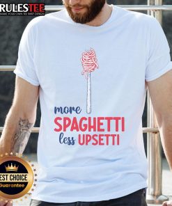 Alt Text: Funny food meme t-shirt featuring 'More Spaghetti Less Upsetti' design in vibrant colors, perfect for pasta lovers.