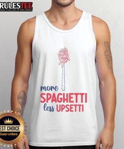 Funny food meme tank top featuring 'Awesome More Spaghetti Less Upsetti' design, perfect for pasta lovers and humor fans.