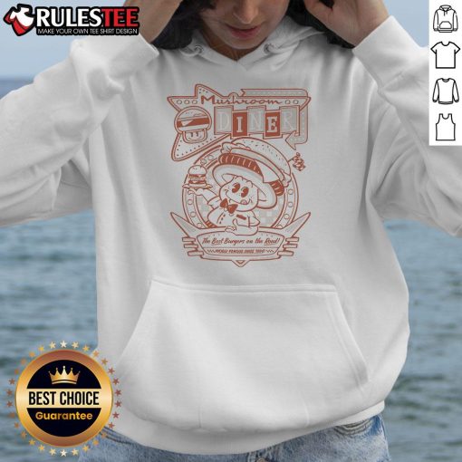 Alt Text: Awesome Mushroom Diner hoodie featuring the slogan 'The Best Burgers on the Road - World Famous Since 1996'.