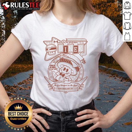 Alt Text: Awesome Mushroom Diner ladies tee featuring the best burgers on the road, world famous since 1996.