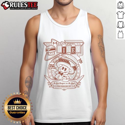 Alt Text: Awesome Mushroom Diner tank top showcasing world-famous burgers, established 1996, perfect for food lovers on the road.