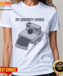 Vintage instant camera graphic on 'My Warranty Expired But I Didn't' ladies tee, perfect for photography enthusiasts.
