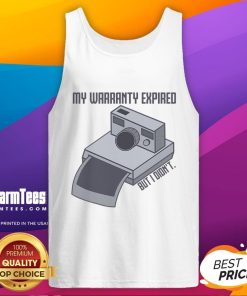 Vintage instant camera tank top featuring 'My Warranty Expired But I Didn't' design, perfect for photography lovers.
