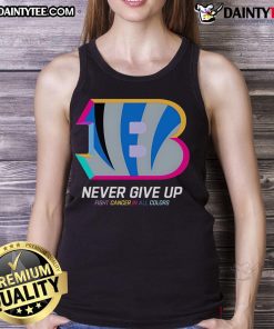 Alt Text: Cincinnati Bengals tank top featuring 'Never Give Up' fight cancer design in vibrant colors, perfect for supporters.