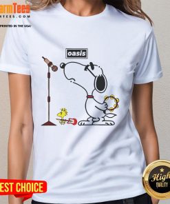 Awesome Oasis Snoopy Woodstock ladies tee featuring vibrant graphics of Snoopy and Woodstock in a cozy design.
