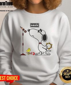 Awesome Oasis Snoopy Woodstock sweatshirt featuring colorful graphics of Snoopy and Woodstock in a cozy design.
