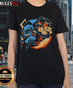 Awesome Outlaw Duo Sly Cooper Ladies Tee featuring vibrant graphics of Sly Cooper and friends on a stylish shirt.