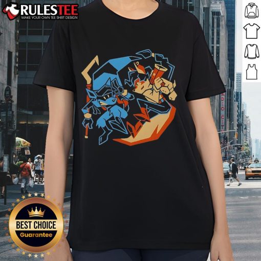 Awesome Outlaw Duo Sly Cooper Ladies Tee featuring vibrant graphics of Sly Cooper and friends on a stylish shirt.