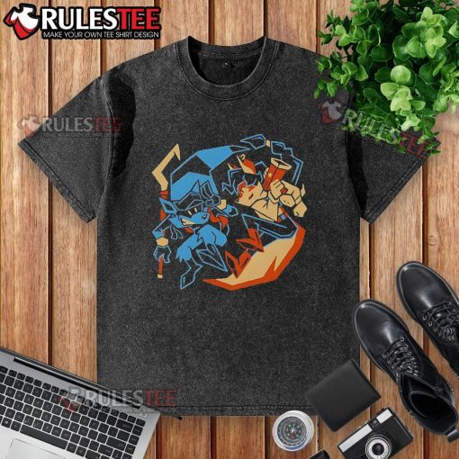 Alt Text: Awesome Outlaw Duo Sly Cooper washed t-shirt featuring vibrant graphics of Sly Cooper and his partner in crime.
