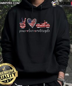 Awesome Peace Love Motorcycle hoodie featuring the American flag design, perfect for riders and patriotic enthusiasts.