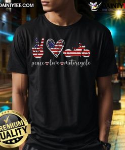 Alt Text: Awesome Peace Love Motorcycle America Flag T-Shirt featuring a vibrant design of a motorcycle and the American flag.
