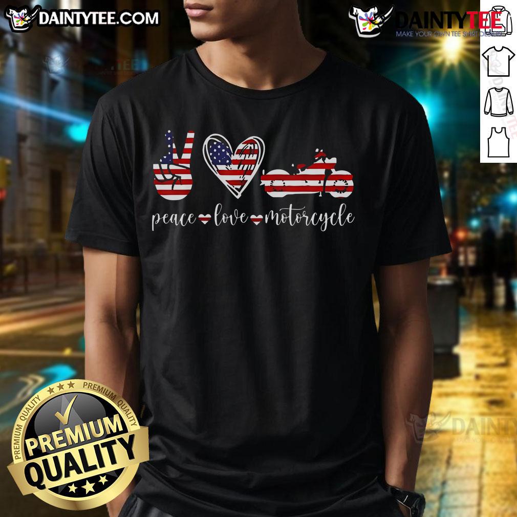 Awesome Peace Love Motorcycle America Flag T Shirt Alt Text: Awesome Peace Love Motorcycle America Flag T-Shirt featuring a vibrant design of a motorcycle and the American flag.