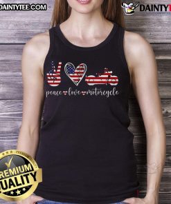 Awesome Peace Love Motorcycle America Flag Tank Top featuring a vibrant design for motorcycle enthusiasts.