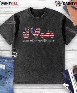 Awesome Peace Love Motorcycle America Flag washed t-shirt featuring vibrant graphics for stylish bikers and patriotic enthusiasts.