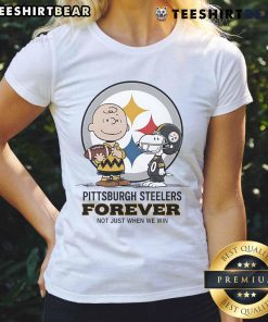 Alt Text: Pittsburgh Steelers Charlie Brown Snoopy graphic tee for ladies, celebrating Steelers fandom with 'Steelers Forever' slogan.