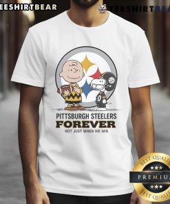 Alt Text: Pittsburgh Steelers Charlie Brown Snoopy t-shirt with 'Steelers Forever Not Just When We Win' slogan.