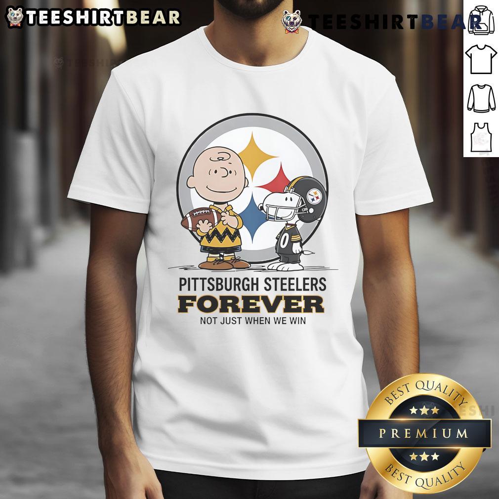 Awesome Pittsburgh Steelers Charlie Brown Snoopy Steelers Forever Not Just When We Win T-Shirt Alt Text: Pittsburgh Steelers Charlie Brown Snoopy t-shirt with 'Steelers Forever Not Just When We Win' slogan.