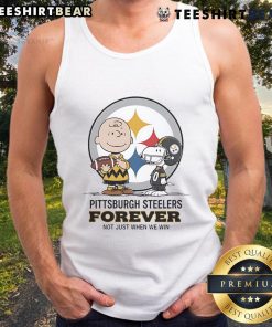 Alt Text: Pittsburgh Steelers Charlie Brown Snoopy tank top featuring 'Steelers Forever, Not Just When We Win' design.