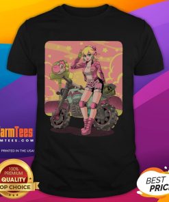Awesome Princesses Peach motorcycle cross country retro anime gamer T-shirt featuring vibrant graphics and playful design.