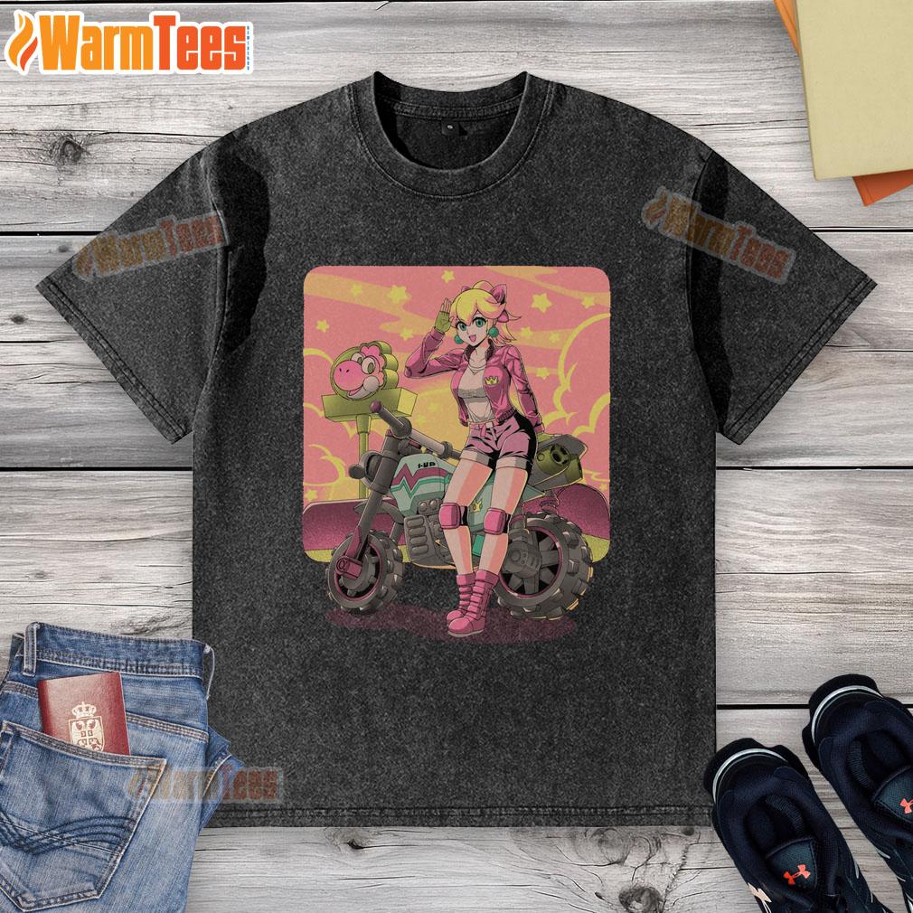 Awesome Princesses Peach Motorcycle Cross Country Retro Anime Gamer Washed T-Shirt Alt Text: Retro anime gamer t-shirt featuring Awesome Princesses Peach on a motorcycle, perfect for cross-country adventures.