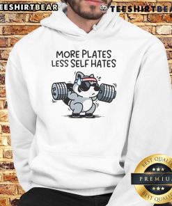 Awesome Raccoon gym hoodie with 'More Plates Less Self Hates' slogan, perfect for fitness enthusiasts and animal lovers.