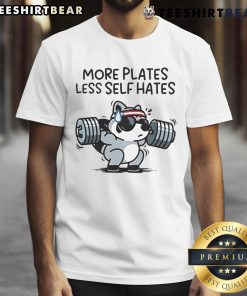 Awesome Raccoon More Plates Less Self Hates Gym T-Shirt featuring a cute raccoon graphic, perfect for fitness enthusiasts.