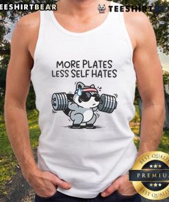 Awesome raccoon graphic on a gym tank top with 'More Plates Less Self Hates' motivational quote for fitness enthusiasts.