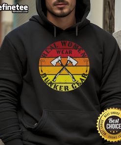 Real women wear Bunker Gear hoodie, vintage axe design, enjoying a sunset in a stylish outdoor setting.