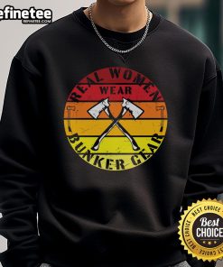 Real women wear bunker gear in a vintage axe sunset sweatshirt, showcasing strength and style against a beautiful sunset backdrop.