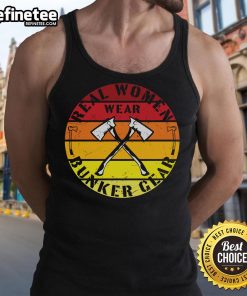 Real women in vintage axe sunset tank top, showcasing Bunker Gear style at sunset, embodying strength and confidence.