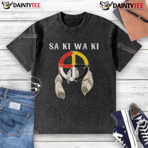 Awesome Sa Ki Wa Ki Washed T-Shirt displayed on a hanger, featuring a vibrant design and soft, faded fabric.