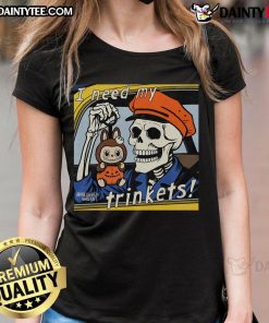 Awesome skeleton holding Labubu on a ladies tee, perfect for trendy Halloween or casual wear.