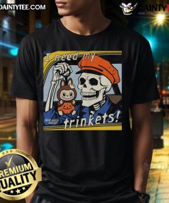 Alt Text: Awesome skeleton wearing a Labubu I Need My Trinkets t-shirt, showcasing a fun and quirky design for Halloween.