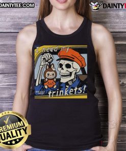 Alt Text: Awesome skeleton holding a Labubu, wearing a I Need My Trinkets tank top, perfect for quirky fashion lovers.
