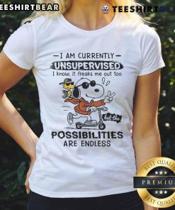 Alt Text: Awesome Snoopy and Woodstock graphic on a ladies tee with 'I Am Currently Unsupervised' text design.
