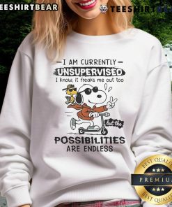 Alt Text: Awesome Snoopy and Woodstock sweatshirt with 'I Am Currently Unsupervised' text, perfect for Peanuts fans.