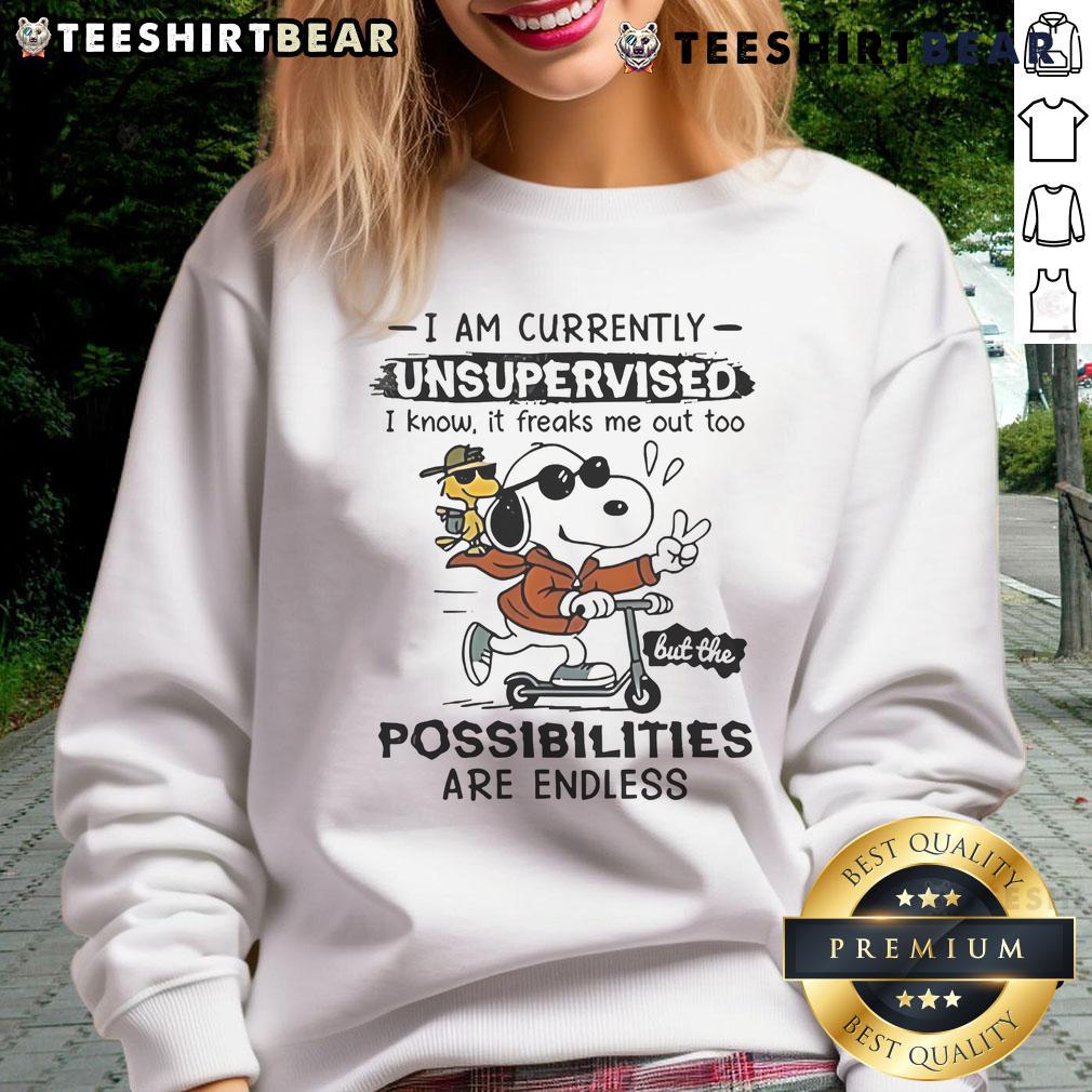 Awesome Snoopy Woodstock I Am Currently Unsupervised I Know It Freaks Me Out Too Sweatshirt Alt Text: Awesome Snoopy and Woodstock sweatshirt with 'I Am Currently Unsupervised' text, perfect for Peanuts fans.