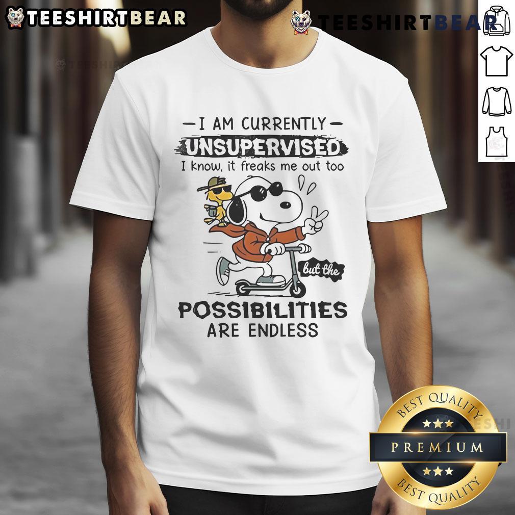 Awesome Snoopy Woodstock I Am Currently Unsupervised I Know It Freaks Me Out Too T-Shirt Awesome Snoopy Woodstock 'I Am Currently Unsupervised' T-Shirt design featuring playful characters and fun typography.
