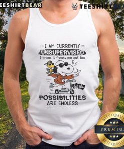 Alt Text: Awesome Snoopy and Woodstock tank top with 'I Am Currently Unsupervised' quote, perfect for casual summer wear.