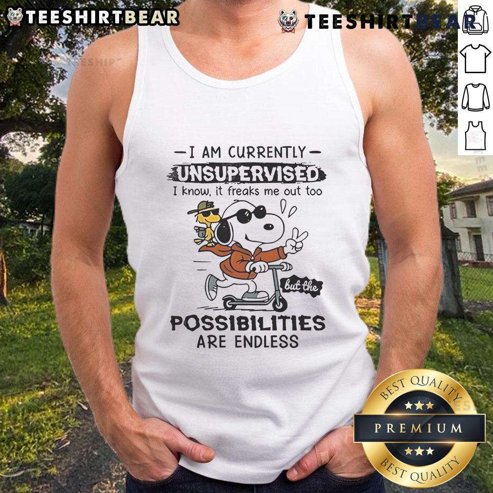 Awesome Snoopy Woodstock I Am Currently Unsupervised I Know It Freaks Me Out Too Tank Top Alt Text: Awesome Snoopy and Woodstock tank top with 'I Am Currently Unsupervised' quote, perfect for casual summer wear.