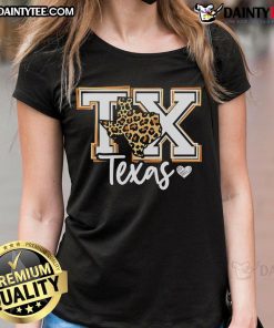 Awesome Texas leopard print TX graphic tee in western style for ladies, showcasing trendy fashion and Texas pride.
