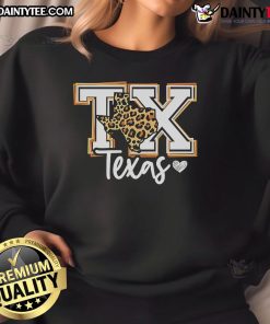 Alt Text: Awesome Texas leopard print TX graphic sweatshirt in western style, perfect for casual and trendy outfits.