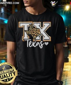 Alt Text: Awesome Texas leopard print graphic t-shirt in western style, showcasing trendy Texan fashion for casual wear.