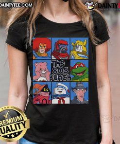 Awesome The 80s Bunch Cartoon Ladies Tee featuring colorful retro designs of iconic female characters from the 1980s.